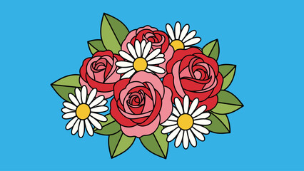 Vibrant Cartoon Flower Bouquet with Pink Roses and White Daisies on Blue Background. Simple Floral Illustration.
