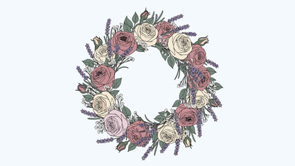 Botanical Floral Wreath Illustration with Roses and Lavender. Elegant Vintage Flower Circle Design.