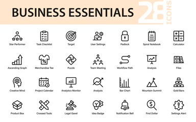 Modern Business Essentials Icons. Finance, Productivity, Teamwork, Analytics, Legal, and Office Tools Vector Set
