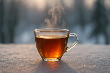 A cup of hot black tea on the beach, against the background of a winter forest