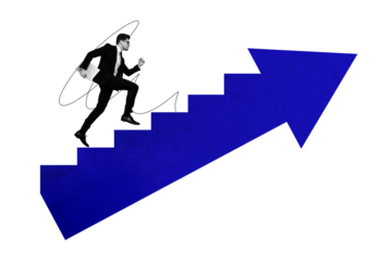 Composite photo collage of serious businessman run promotion ladder arrow point up career development isolated on painted background