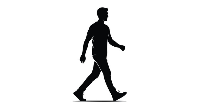 Clean silhouette of a male figure in motion, depicted walking forward, symbolizing individual journey, activity, and progress in a versatile graphic format, suitable for various design applications