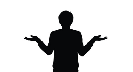 Silhouette of a person shrugging shoulders with arms outstretched in a gesture of uncertainty or indifference on a white background