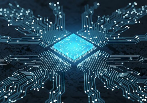 A closeup, abstract view of a glowing blue computer microchip with intricate circuitry and connections, representing technology and data processing