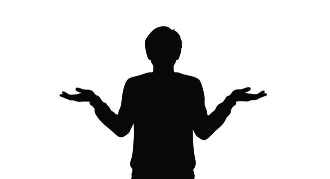 Silhouette of a person shrugging shoulders with arms outstretched in a gesture of uncertainty or indifference on a white background