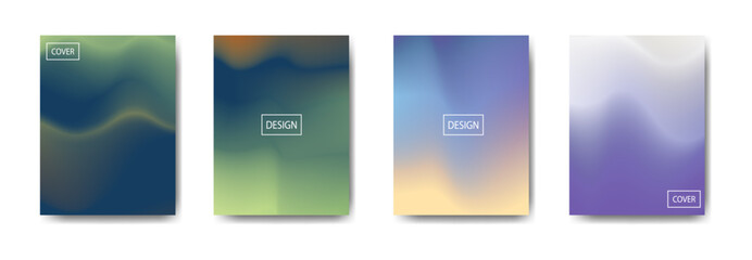 Set of four abstract cover designs featuring smooth color gradients in green, blue, orange, and purple tones. Minimalist style with soft fluid shapes ideal for modern branding or print layout.