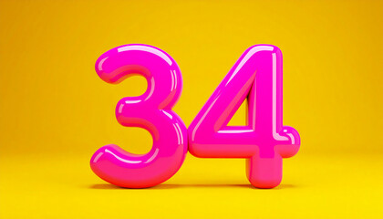 Vibrant glossy pink number 34 number on yellow backdrop, modern art aesthetic, pop color contrast