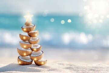 Obraz premium Tropical christmas tree made of coconuts on sandy beach with festive lights
