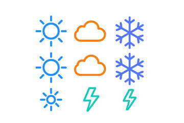 Brightly colored outline symbols representing various weather conditions and climate forecast