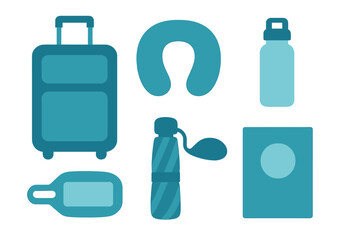 Fototapeta premium Essential travel items set including rolling luggage, neck support pillow, passport, and water bottles
