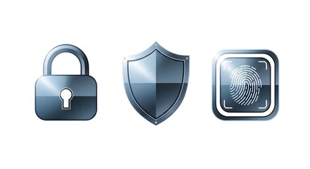 Metallic icons of a padlock, shield, and fingerprint symbolizing cybersecurity, data protection, privacy, and secure authentication systems.