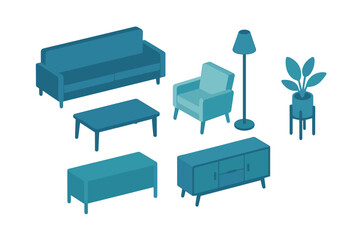 Modern isometric living room furniture set including sofa armchair table and lamp