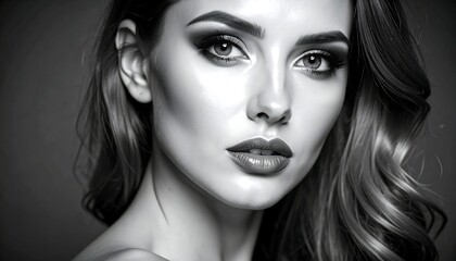 Fototapeta premium Black and white portrait of a glamorous woman with striking makeup and wavy hair, looking forward