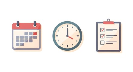Flat icons of a calendar, clock, and checklist representing time management, scheduling, deadlines, and productivity organization.