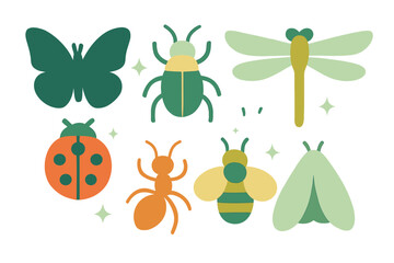 Stylized collection of common garden insects including butterfly beetle dragonfly ladybug ant bee and moth in modern flat design
