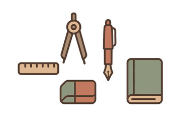 Essential school and office stationery items including compass, ruler, pen, eraser, and book