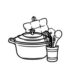 Doodle illustration on the theme of cooking. Kitchen utensils: a saucepan, a potholder, a trivet with spoons, and a whisk, for decorating cafe and restaurant menus.