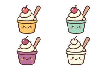 Four colorful kawaii soft serve ice cream cups topped with cherries and wooden spoons