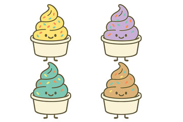 Colorful kawaii soft serve ice cream characters with happy smiling faces and sprinkles