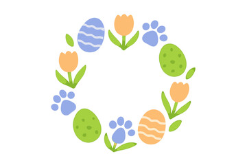 Colorful spring wreath frame with Easter eggs, orange tulips, and blue bunny paw prints