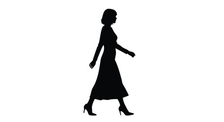 Elegant Silhouette A Woman in a Dress, Walking Gracefully Against a White Background