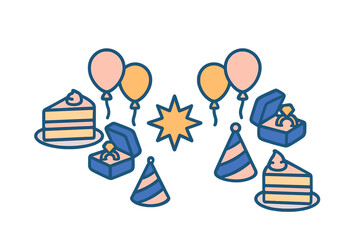 Collection of celebration icons including cake slices balloons party hats and engagement rings