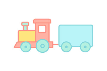 Cute pastel colored toy train engine pulling a single cargo wagon for children's play