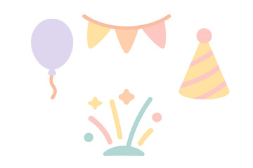 Pastel party elements set with balloon, bunting flags, cone hat, and celebratory confetti