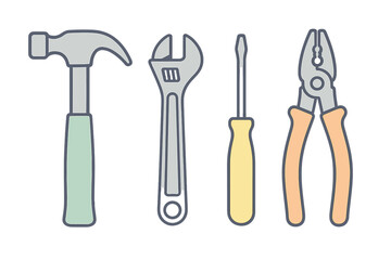 Set of essential hand tools including hammer adjustable wrench screwdriver and pliers