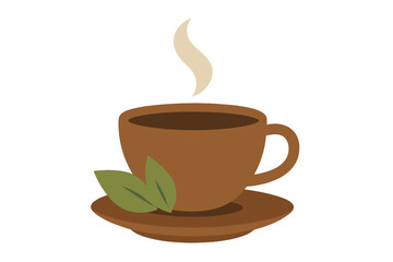 Steaming hot cup of coffee or tea on a saucer decorated with green leaves