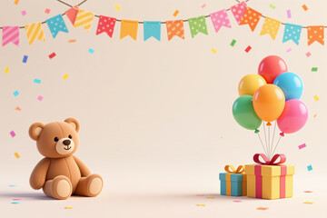 Obraz premium A cartoon-style illustration of a teddy bear sitting beside gift boxes tied with bows and floating balloons, surrounded by confetti and a festive banner on a beige background.