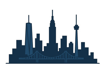 Modern urban cityscape silhouette featuring architectural landmarks and a suspension bridge design