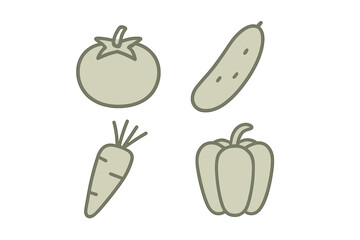 Minimalist outline design of garden vegetables including tomato, cucumber, carrot, and bell pepper