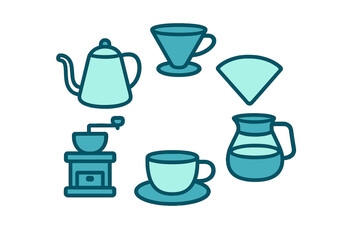 Set of coffee preparation icons featuring kettle manual grinder pour-over dripper and carafe