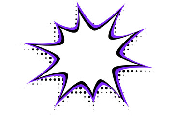 Comic explosion burst with purple and black outline and halftone dots for pop art, retro sale banner, and creative poster decoration