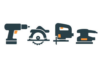 Set of essential power tools including drill, circular saw, jigsaw, and sander for construction