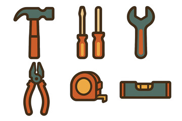 Essential hand tools collection featuring hammer, screwdrivers, wrench, pliers, tape measure, and level