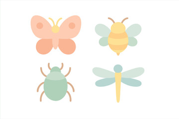 Cute pastel colored insects set featuring butterfly bee beetle and dragonfly icons