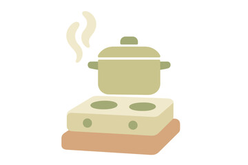 Cooking pot boiling on a kitchen cooktop with steam in flat design style