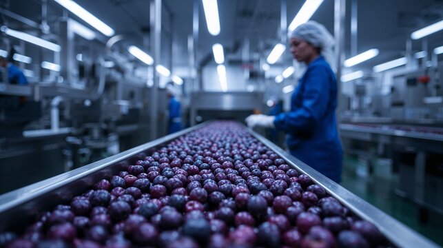Blueberry Processing Line in Food Factory With Worker and Conve - Powered by Adobe