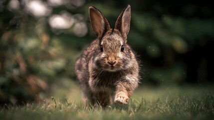 Fototapeta premium A small brown rabbit hops forward through lush green grass in a garden captured in sharp focus with a softly blurred natural background