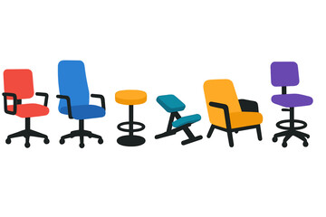 Obraz premium Colorful collection of various modern office and ergonomic seating furniture items