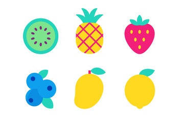 Vibrant flat design set of six fruit icons including kiwi pineapple strawberry blueberries mango and lemon