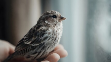 Close up of a small bird perched on a human hand bathed in soft daylight near a window conveying trust and gentleness