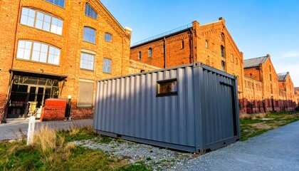 Modern container building amidst historic brick structures