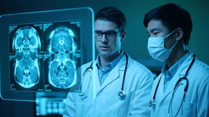 Doctors Examining Brain Scan Results on Futuristic Holographic Display. - Powered by Adobe