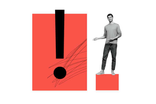 Composite photo collage of happy guy employee show big exclamation mark attention business development isolated on painted background