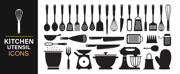 Vector illustration of kitchen tools and cookware icons in modern black and white style