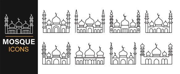 Vector line icons of mosque buildings for culture, tradition, and religion-themed graphics