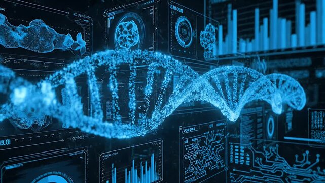 Futuristic DNA Helix Visualization with Scientific Data Analysis.